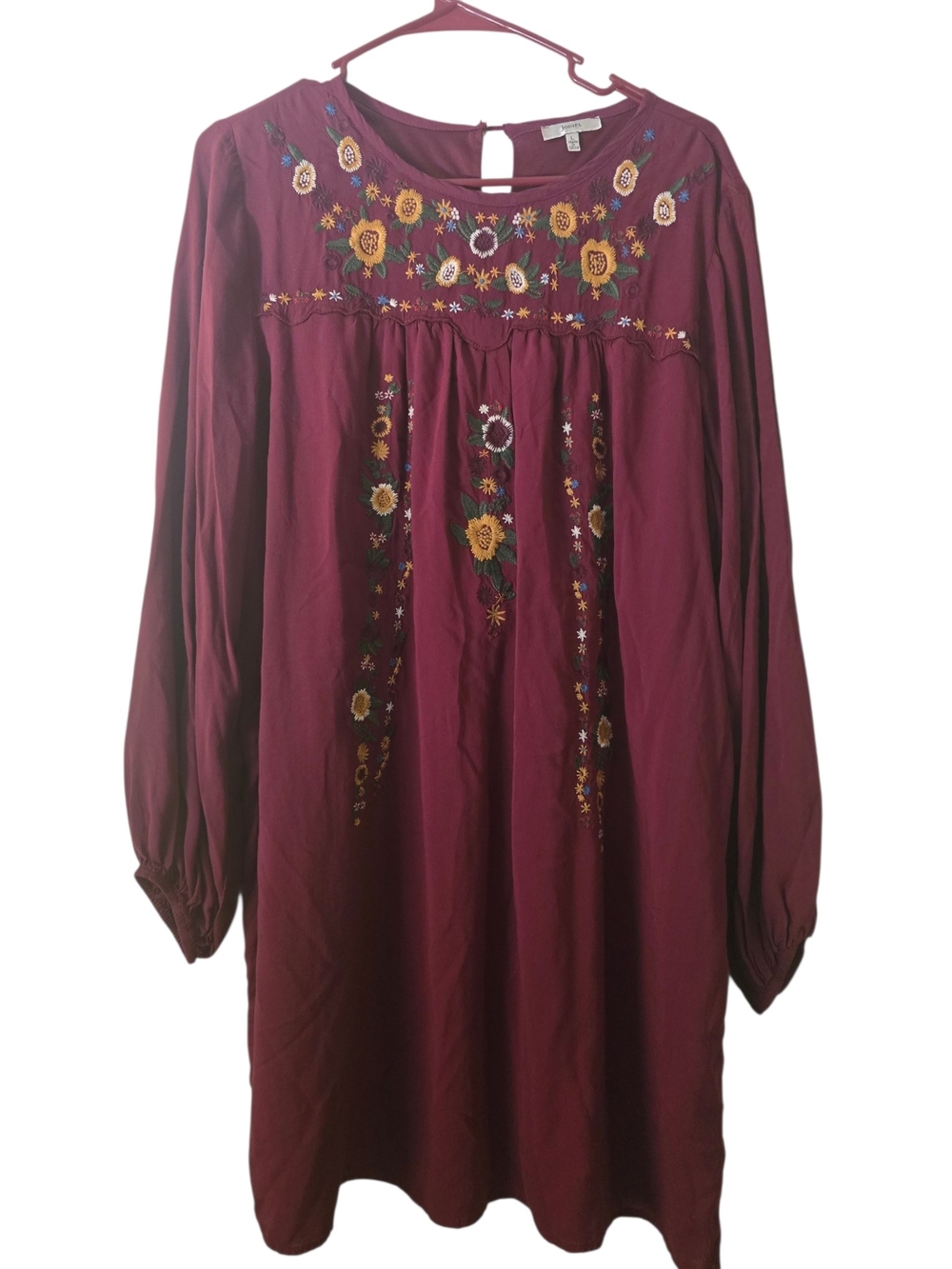 JODIFL Burgundy Floral Embroidered Midi Dress